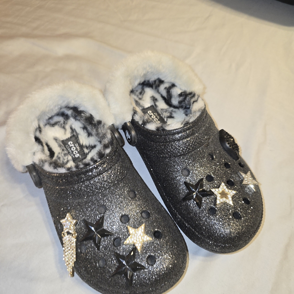 Lined Glittery Black Crocs with Star Accents